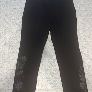 Black Embroidered Chicos Pants with Floral Detail